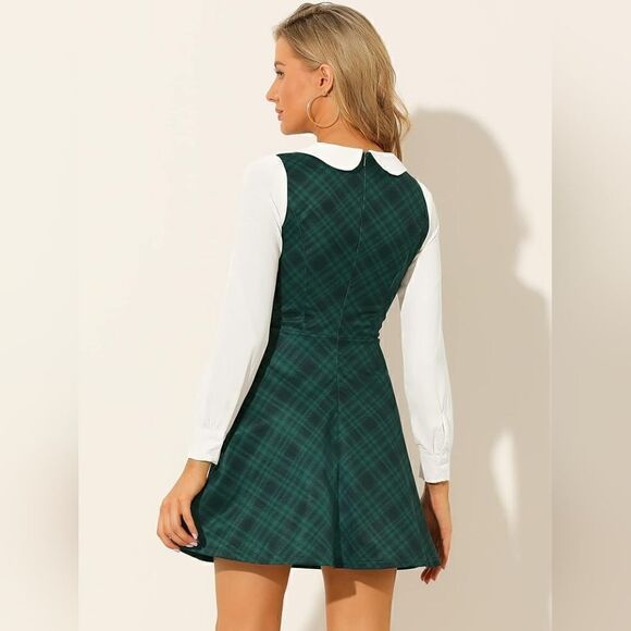 Allegra K Women's Peter Pan Collar Contrast Color Preppy Fit Flare Plaid Dress M - Picture 5 of 11